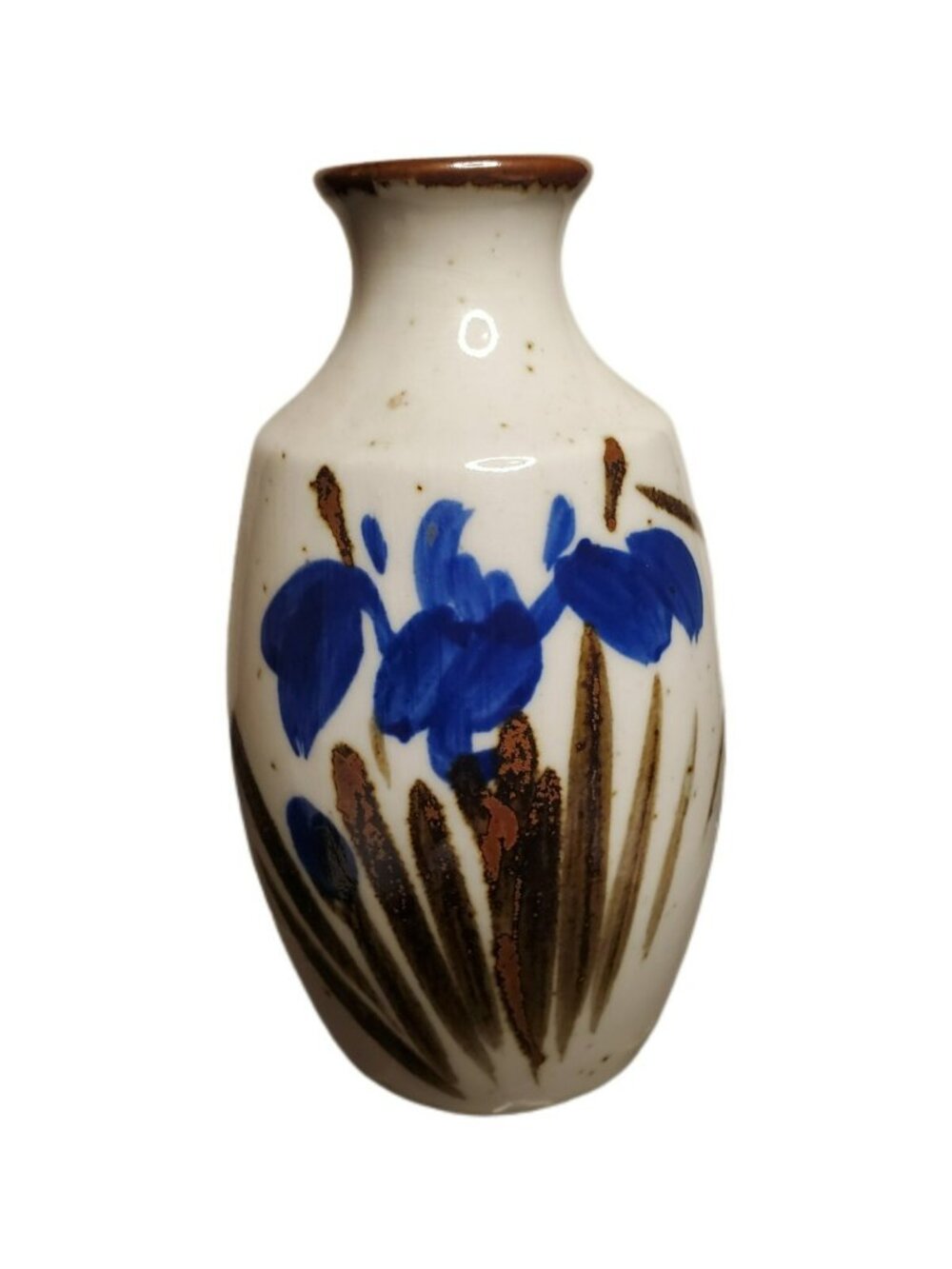 Hand Painted Flowered Stoneware Pottery Bud Vase Blue Iris
